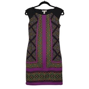 LONDON STYLE COLLECTION Purple Yellow Geometric Stripe Print Sheath Dress Small